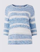 Marks & Spencer Cotton Blend Striped Round Neck Jumper Medium Blue Mix