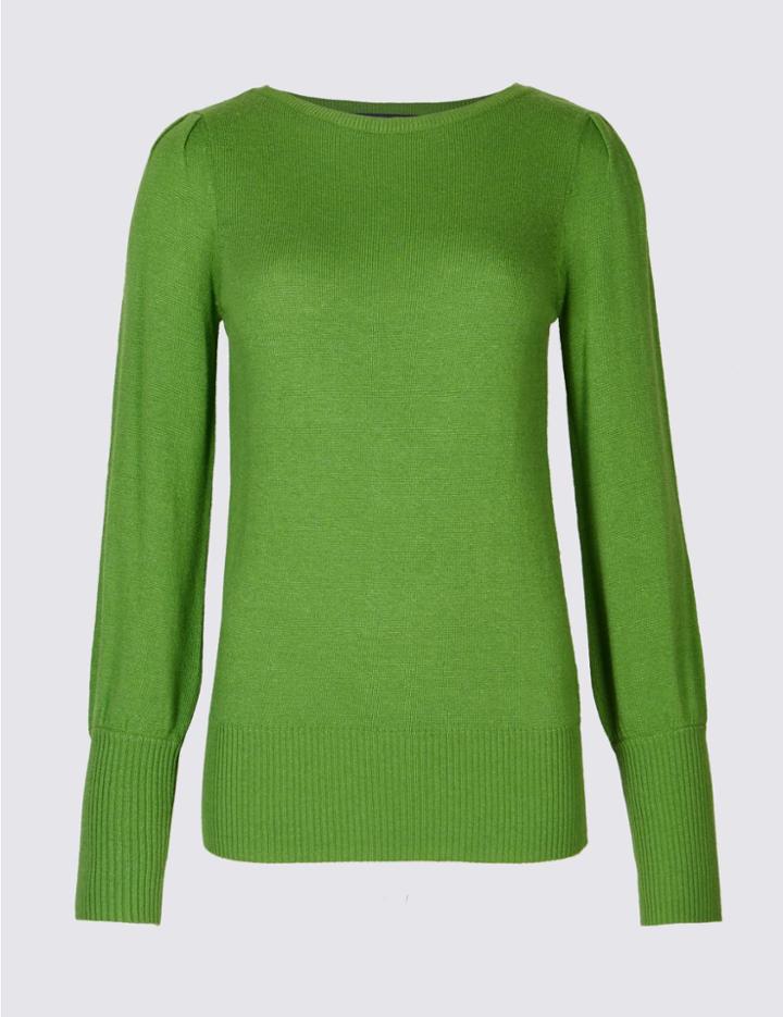 Marks & Spencer Petite Ribbed Bubble Sleeve Jumper Green