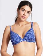 Marks & Spencer Underwired Printed Plunge Bikini Top A-e Blue Mix