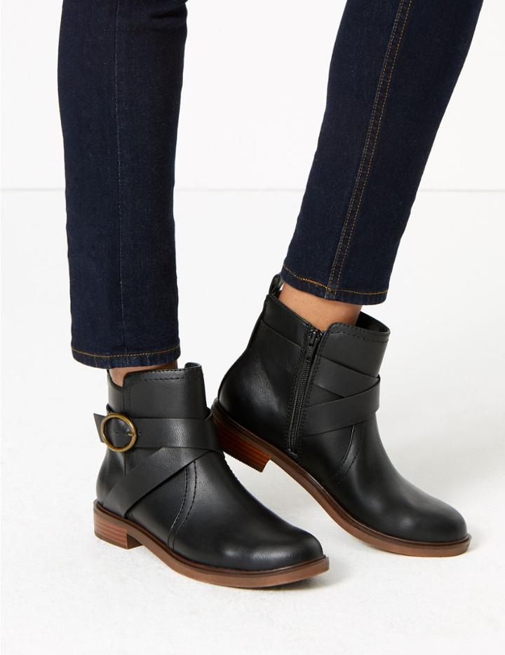 Marks & Spencer Cross Strap Block Heel Ankle Boots Black