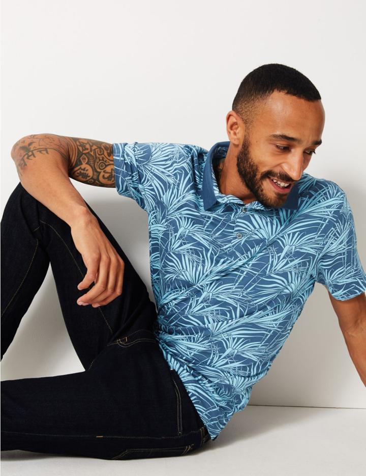 Marks & Spencer Pure Cotton Palm Leaf Print Polo Shirt Navy Mix