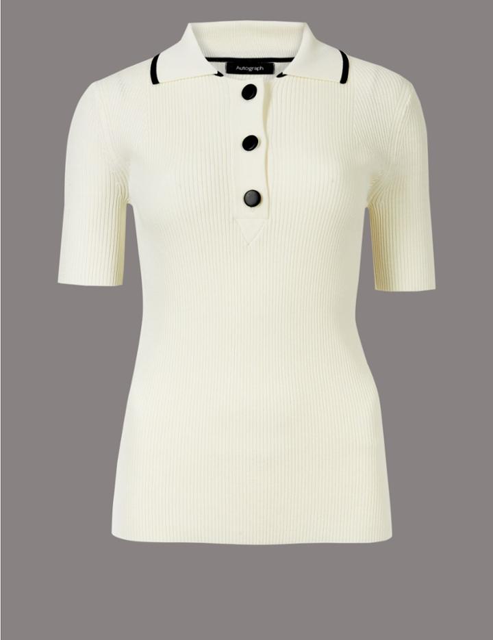 Marks & Spencer Textured Collared Neck Short Sleeve Jumper Cream Mix