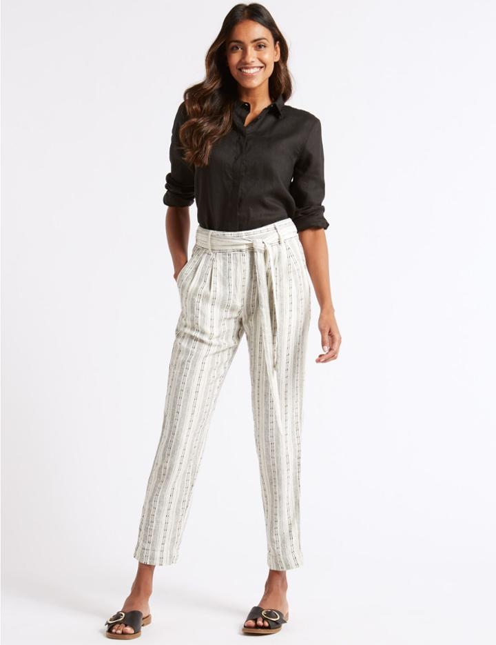 Marks & Spencer Linen Rich Striped Wide Leg Trousers Black Mix
