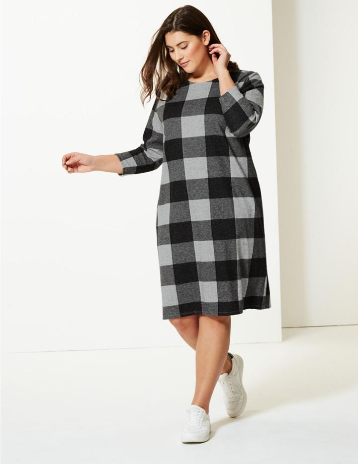 Marks & Spencer Curve Checked Half Sleeve Shift Dress Grey Mix