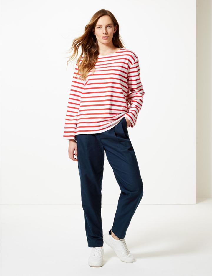 Marks & Spencer Cotton Blend Ankle Grazer Peg Trousers Navy