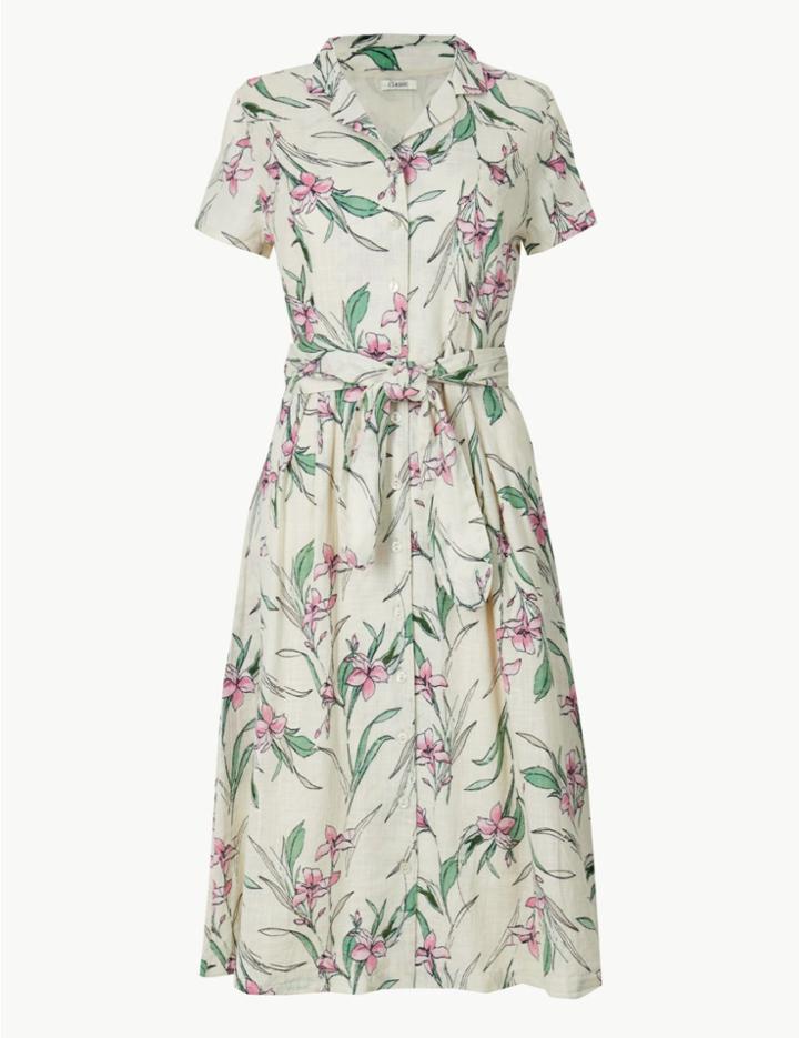 Marks & Spencer Pure Cotton Floral Print Shirt Midi Dress Mint Mix