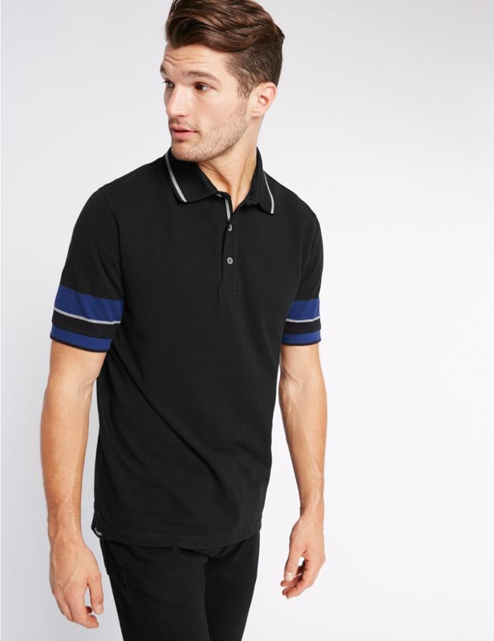 Marks & Spencer Pure Cotton Striped Polo Shirt Black