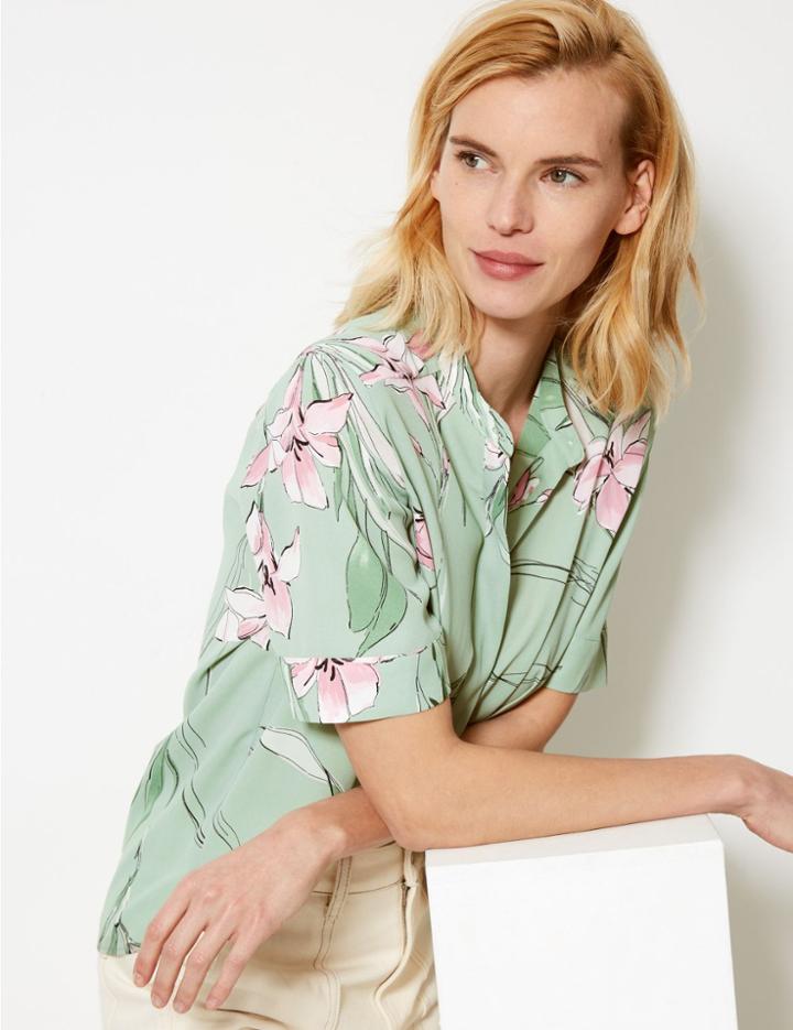 Marks & Spencer Floral Print Short Sleeve Shirt Mint Mix