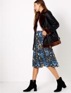 Marks & Spencer Floral Pleated Wrap Midi Skirt Navy Mix