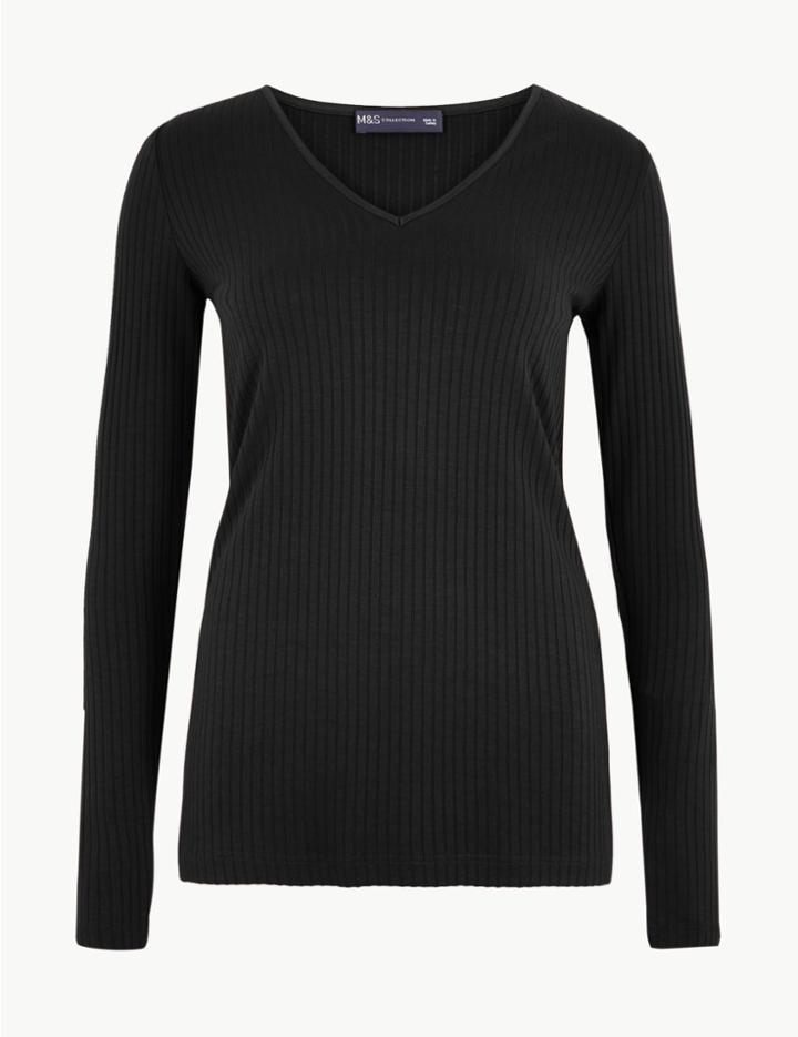 Marks & Spencer Ribbed V Neck Long Sleeve Fitted Top Black