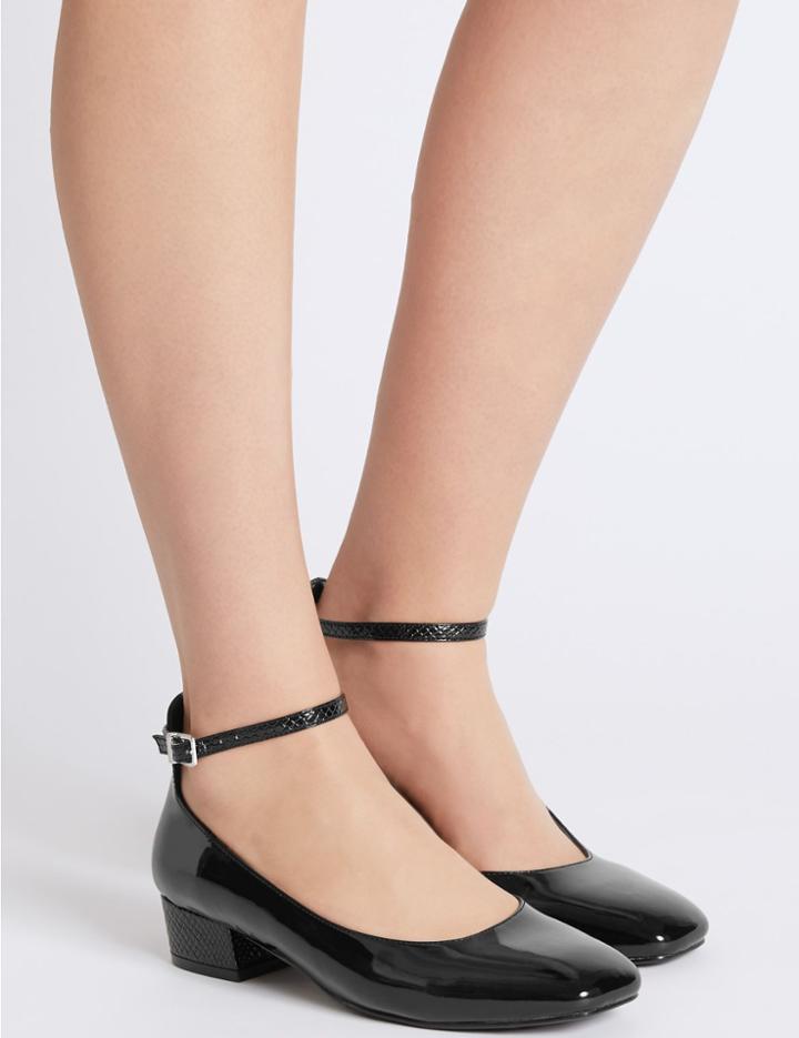 Marks & Spencer Block Heel Ankle Strap Court Shoes Black Patent