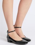 Marks & Spencer Block Heel Ankle Strap Court Shoes Black Patent