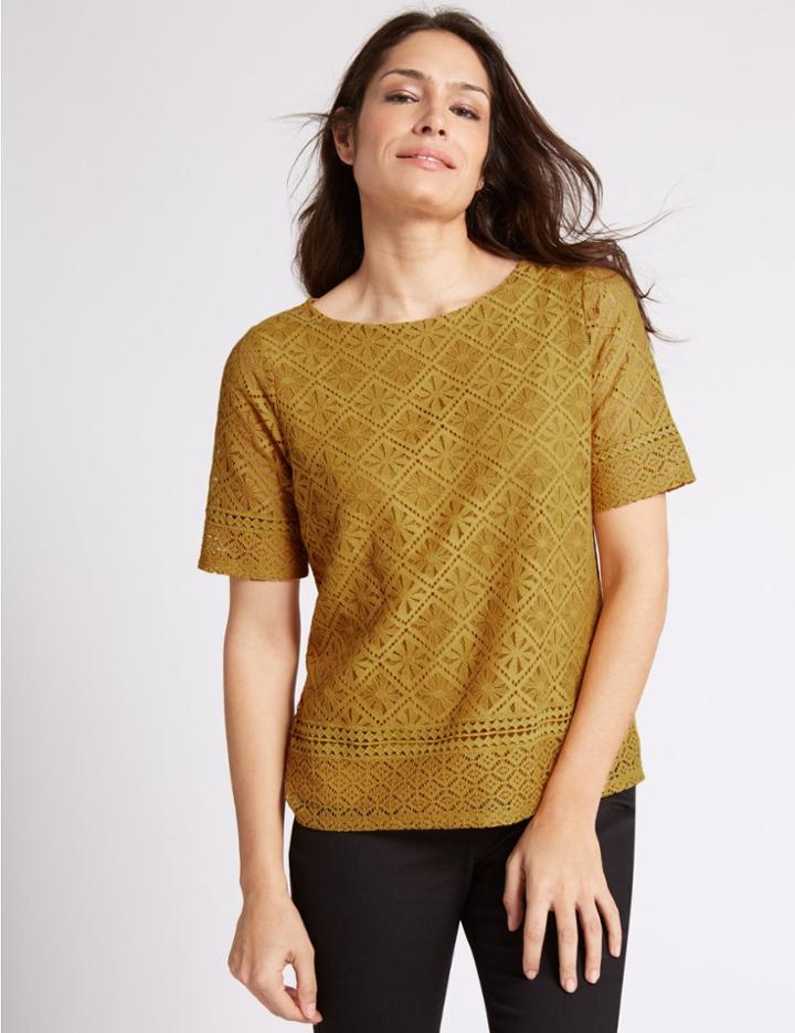 Marks & Spencer Aztec Lace Short Sleeve Jersey Top Ochre