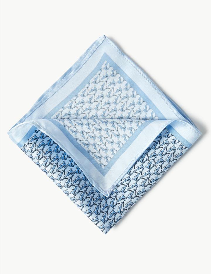 Marks & Spencer Pure Silk Shark Print Pocket Square Blue Mix