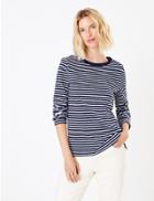 Marks & Spencer Pure Cotton Straight Fit Long Sleeve Top Indigo Mix