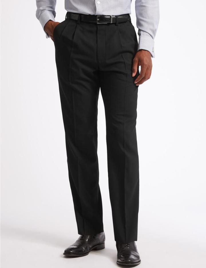 Marks & Spencer Regular Fit Wool Blend Twin Pleated Trousers Black
