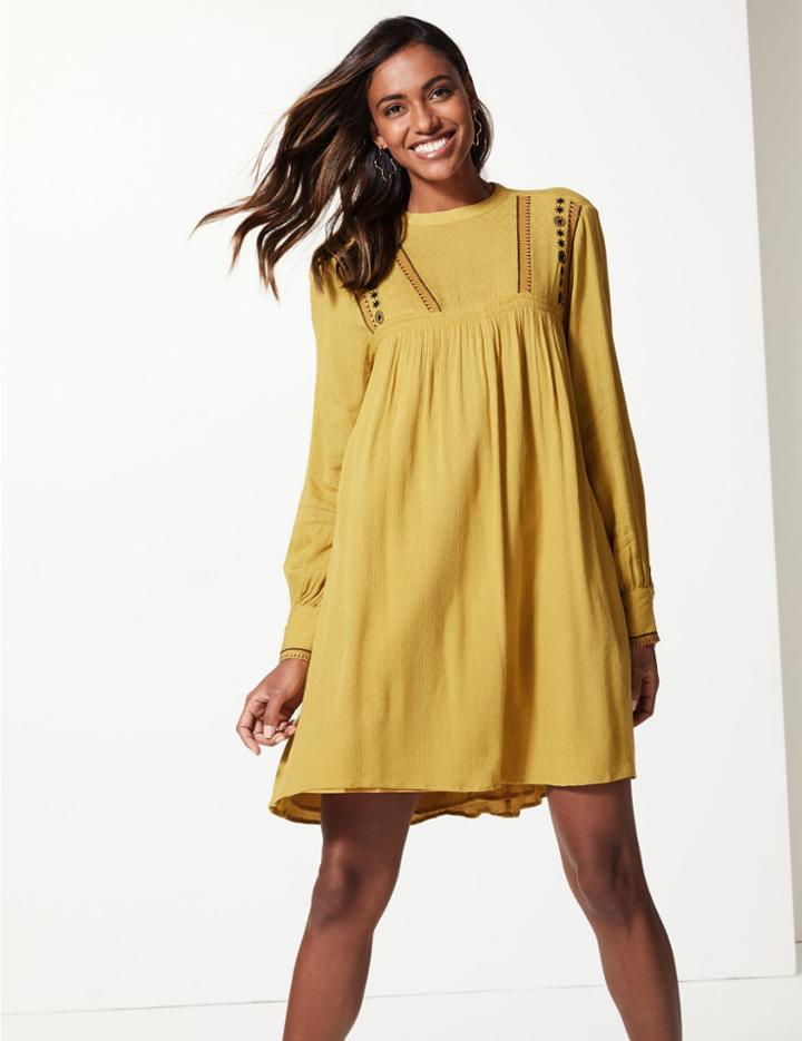 Marks & Spencer Embroidered Long Sleeve Relaxed Mini Dress Ochre