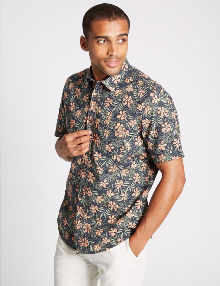 Marks & Spencer Easy Care Pure Cotton Floral Print Shirt Indigo Mix