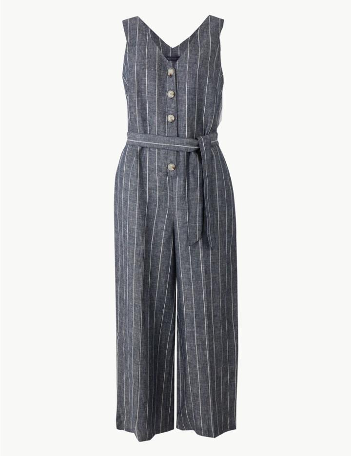 Marks & Spencer Pure Linen Striped Jumpsuit Navy Mix