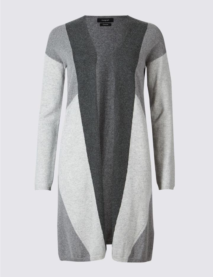 Marks & Spencer Pure Cashmere Colour Block Longline Cardigan Grey Mix