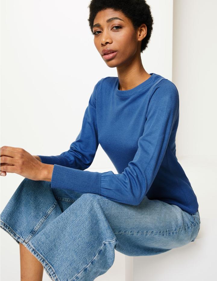 Marks & Spencer Ribbed Cuff Round Neck Jumper Cornflower