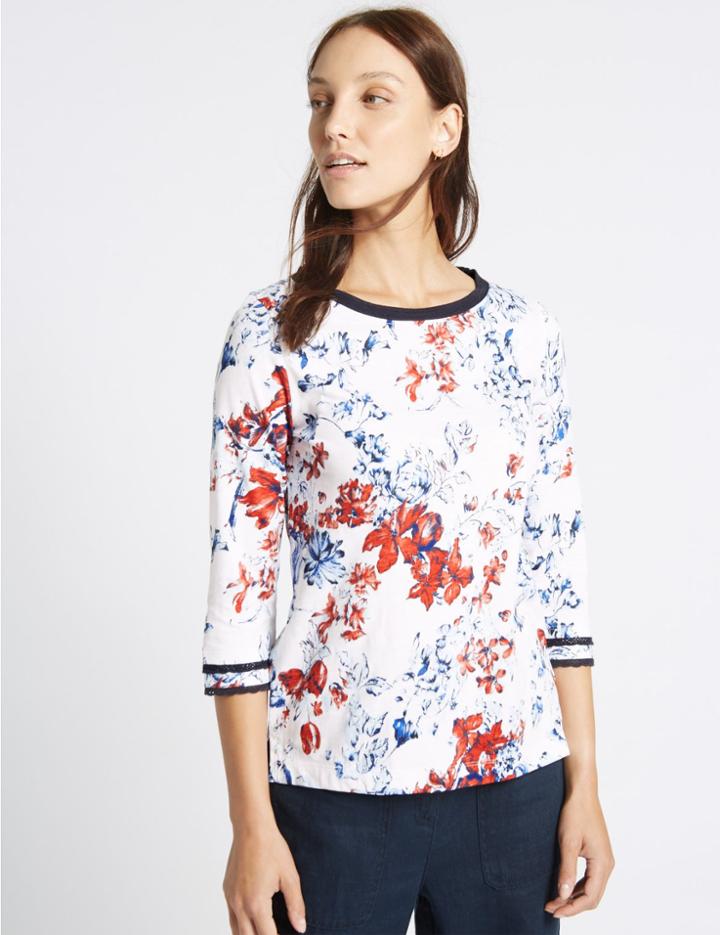 Marks & Spencer Pure Cotton Floral Print 3/4 Sleeve T-shirt Ivory Mix