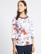 Marks & Spencer Pure Cotton Floral Print 3/4 Sleeve T-shirt Ivory Mix