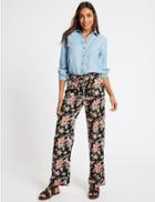 Marks & Spencer Linen Rich Floral Print Flared Trousers Black Mix