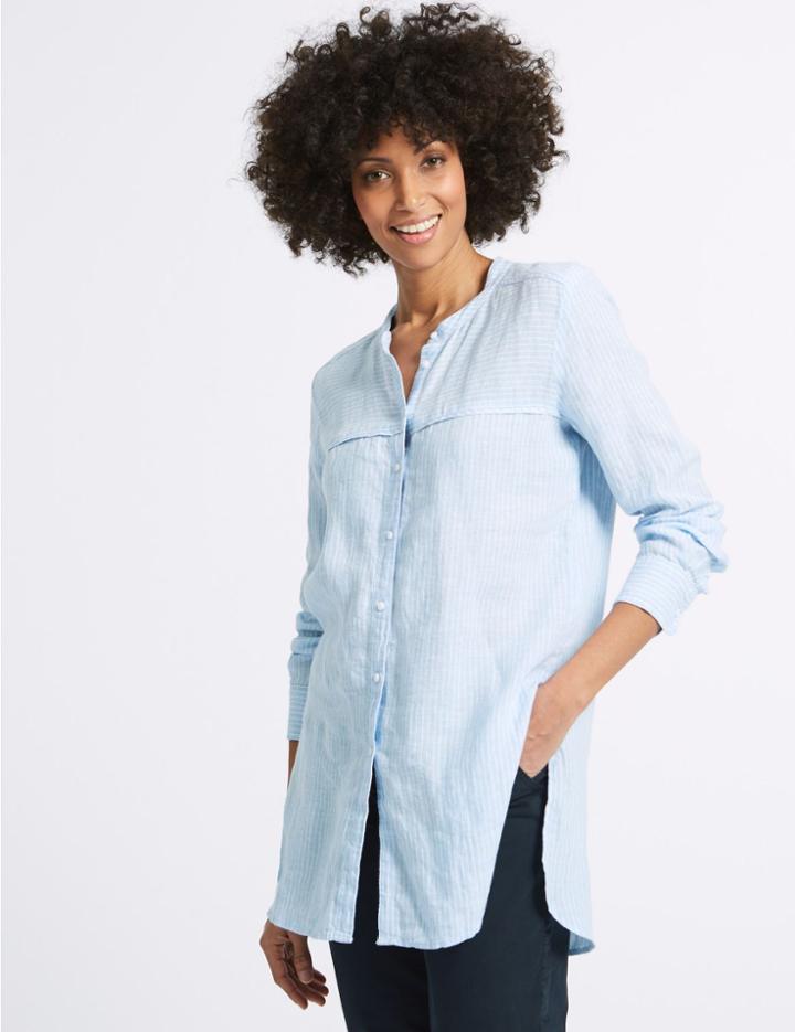 Marks & Spencer Pure Linen Striped Longline Shirt Blue Mix