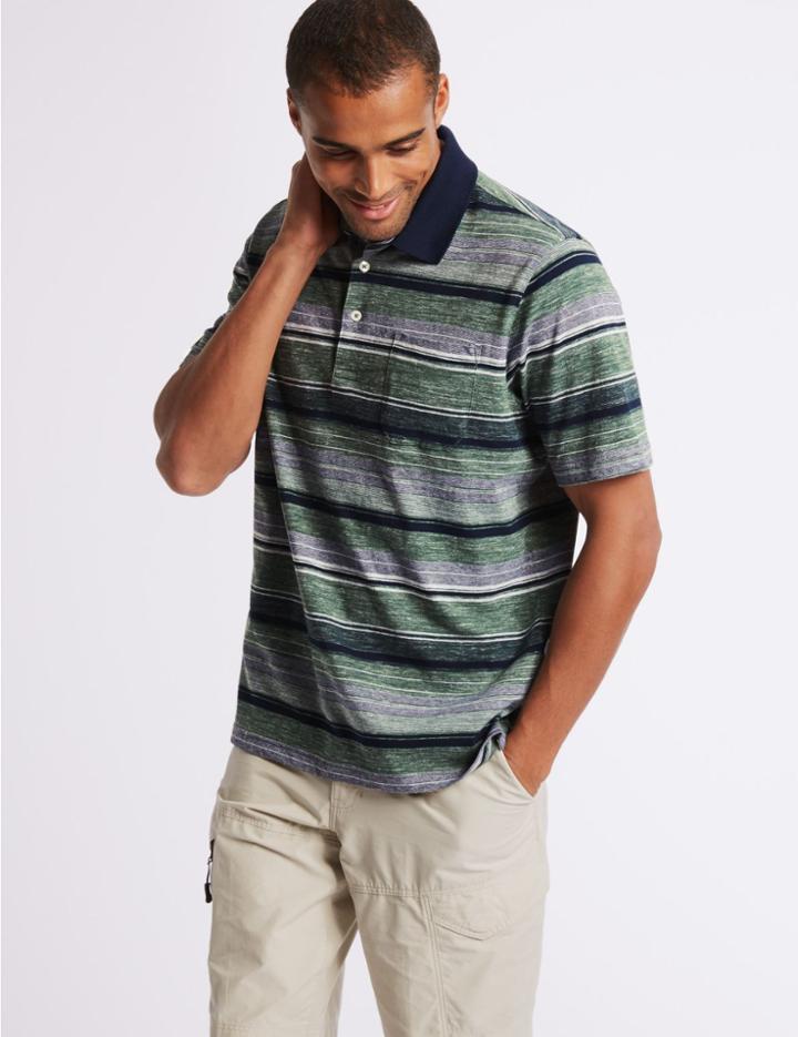 Marks & Spencer Pure Cotton Striped Polo Shirt Forest Green