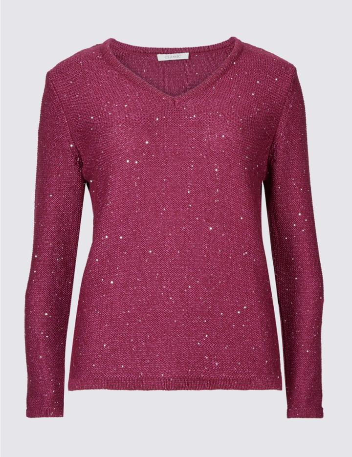 Marks & Spencer Textured Sequin V-neck Jumper Ruby