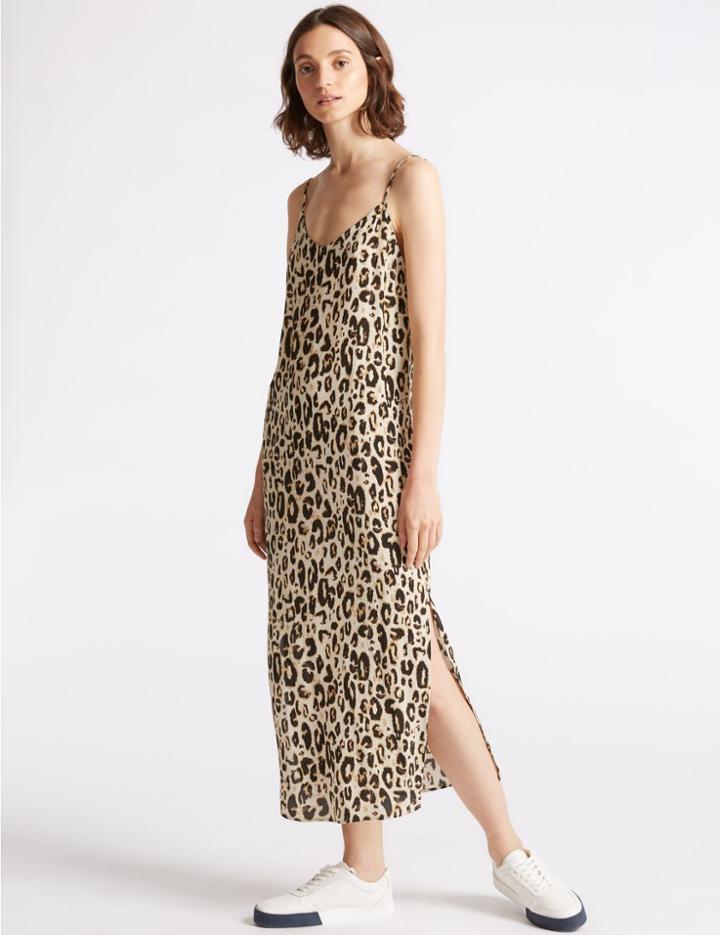 Marks & Spencer Animal Print Slip Midi Dress Brown Mix