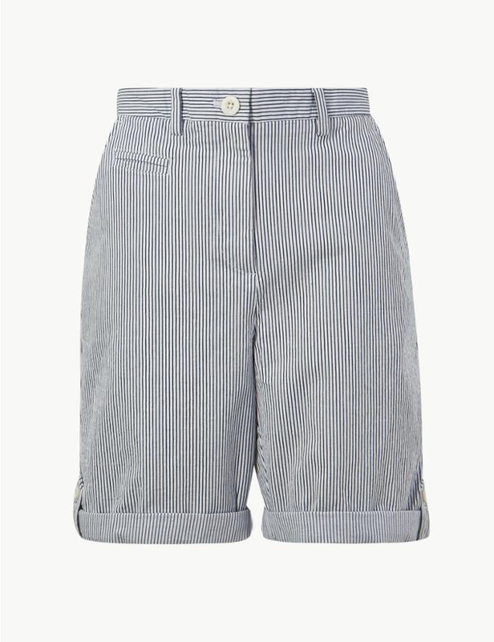 Marks & Spencer Cotton Rich Striped Longer Casual Shorts White Mix