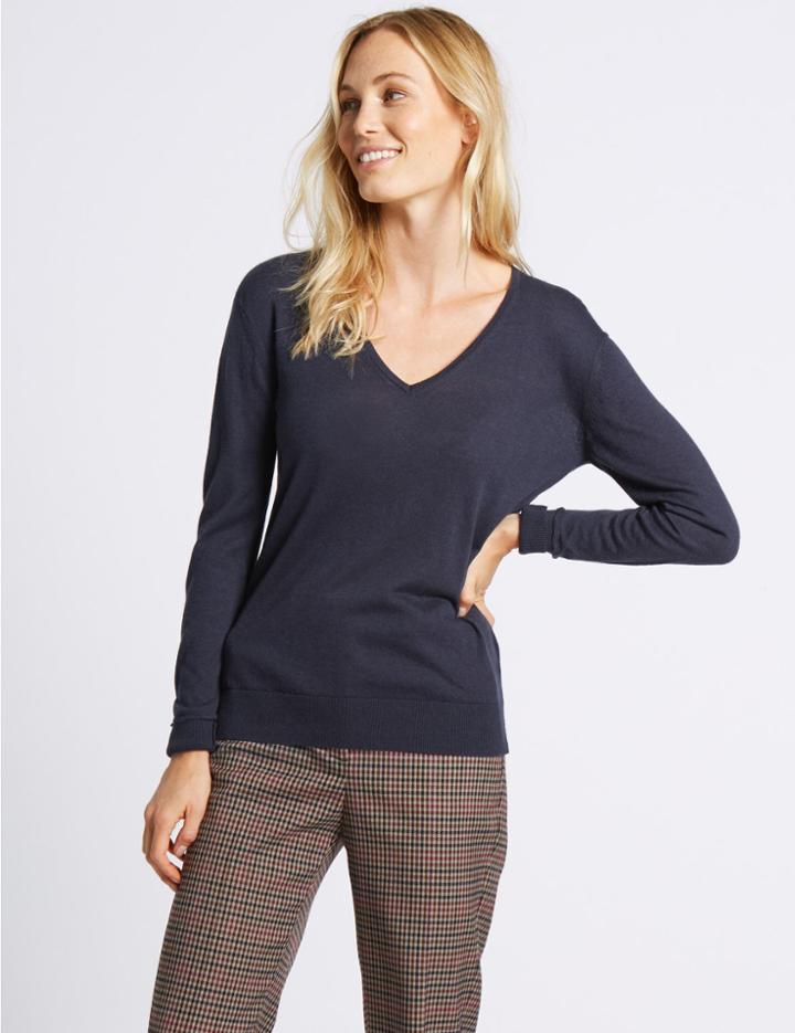 Marks & Spencer Wool Rich V-neck Jumper Navy