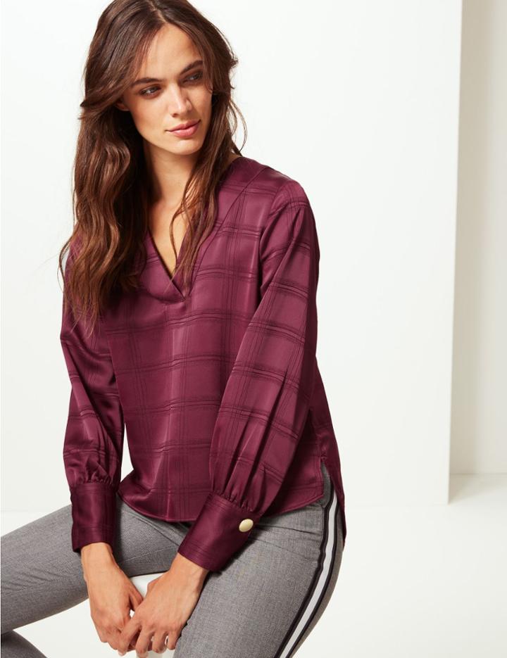 Marks & Spencer Checked Satin V-neck Long Sleeve Blouse Burgundy