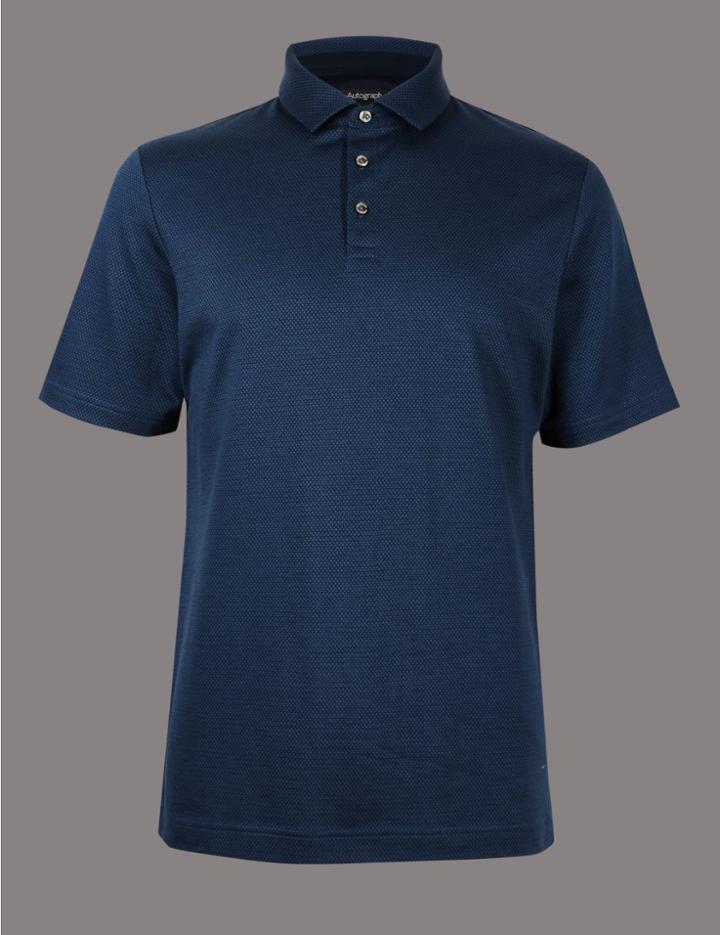Marks & Spencer Pure Cotton Textured Polo Shirt Steel Blue