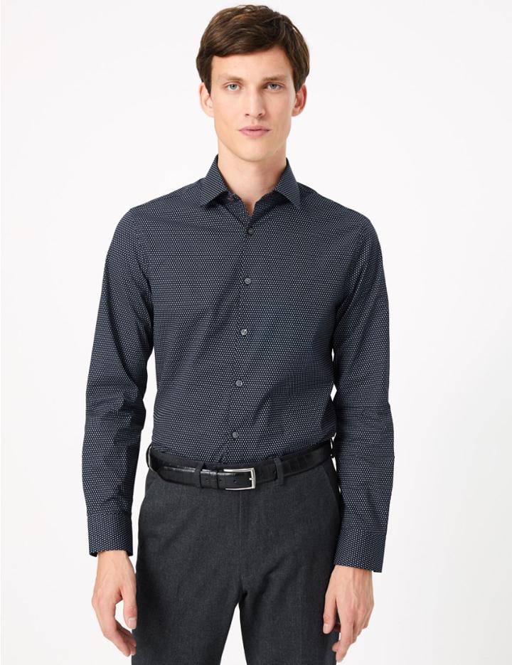 Marks & Spencer Pure Cotton Slim Fit Mini Swirl Print Shirt Navy Mix