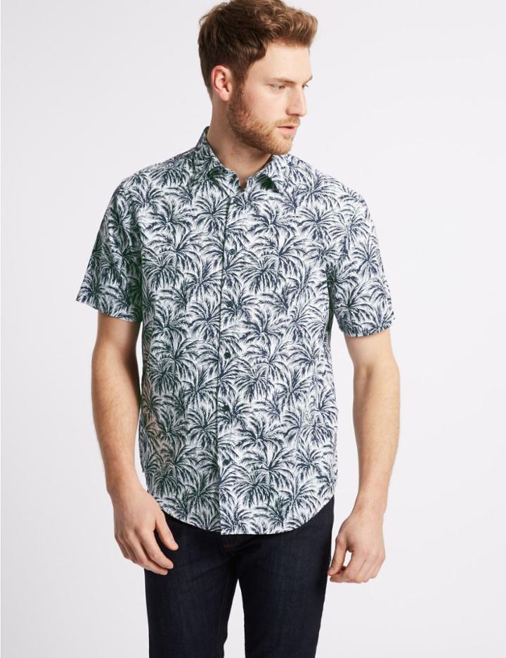 Marks & Spencer Pure Cotton Palm Printed Shirt Navy