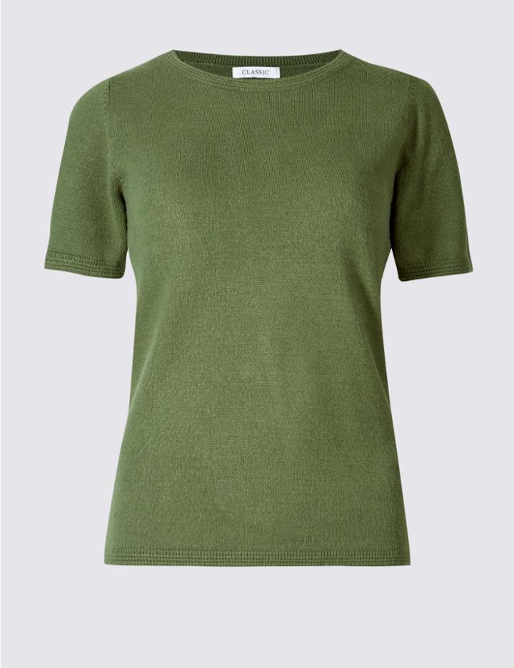 Marks & Spencer Cashmilon&trade; Round Neck Short Sleeve Jumper Soft Khaki