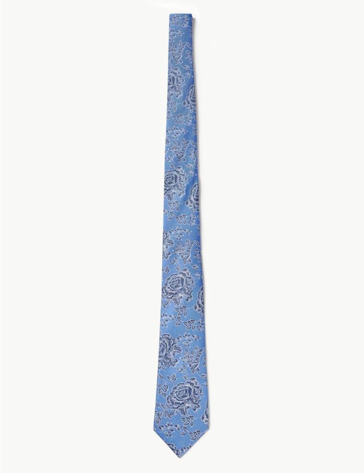 Marks & Spencer Pure Silk Rose Floral Tie Blue Mix