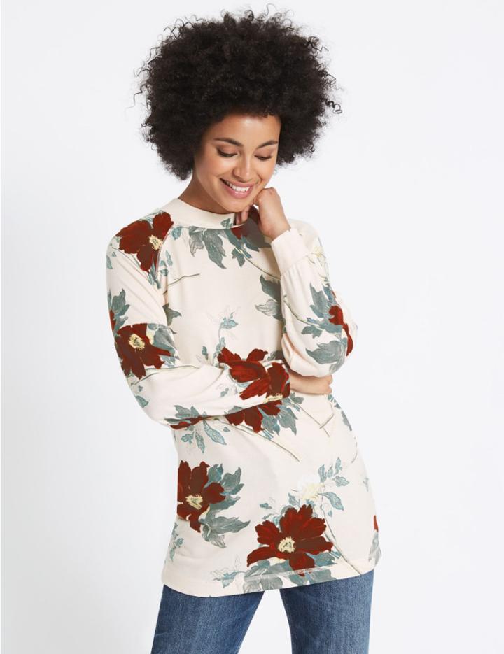 Marks & Spencer Floral Print Round Neck Long Sleeve Tunic Pink Mix