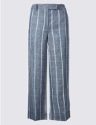 Marks & Spencer Pure Linen Checked Wide Leg Trousers Bluebell