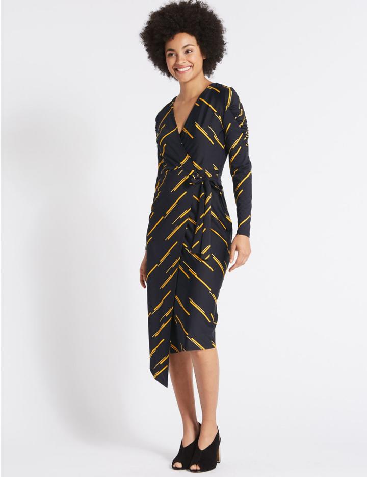 Marks & Spencer Printed Tie Side Wrap Midi Dress Navy Mix