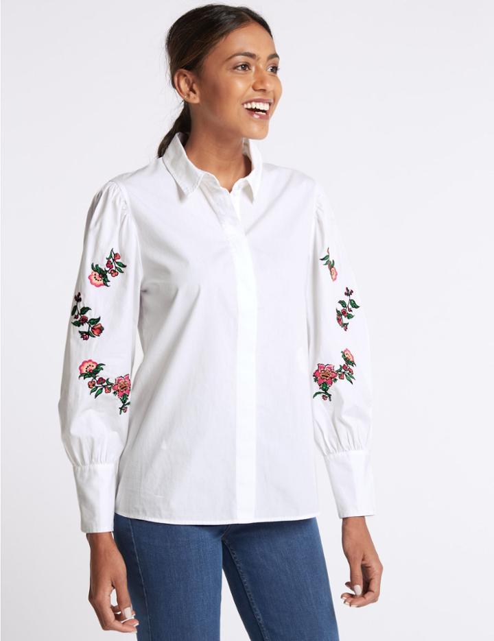 Marks & Spencer Pure Cotton Floral Embroidered Sleeve Shirt White Mix