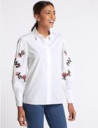 Marks & Spencer Pure Cotton Floral Embroidered Sleeve Shirt White Mix