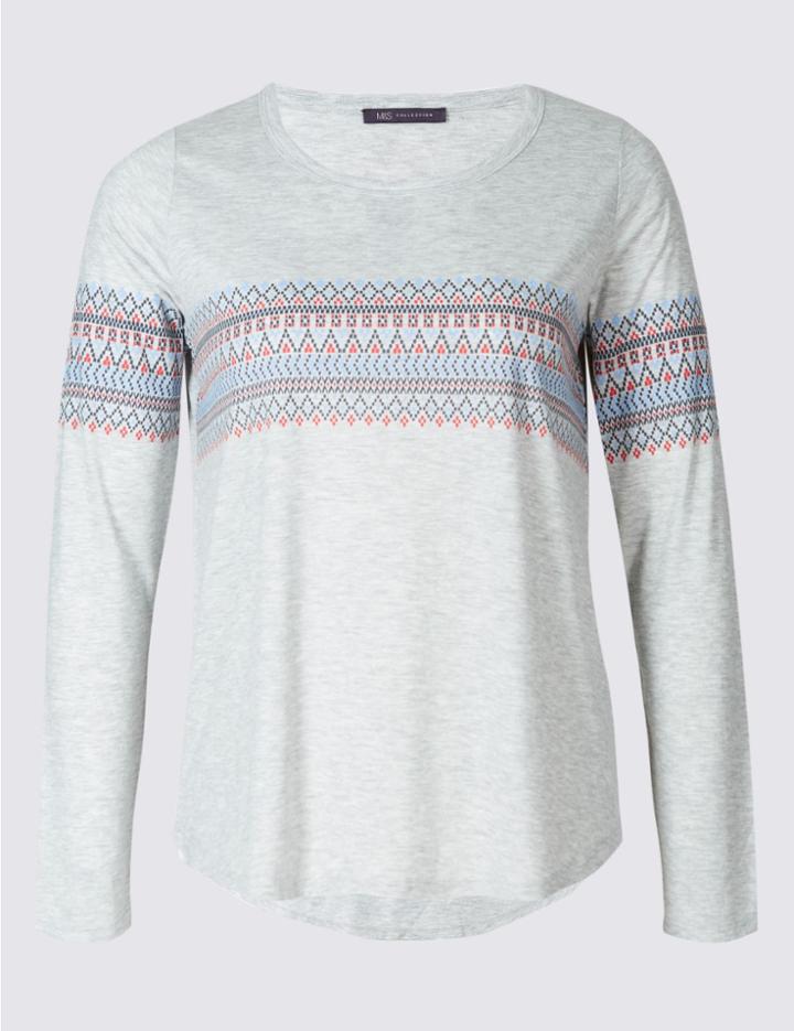 Marks & Spencer Plus Fairisle Print Long Sleeve T-shirt Grey Mix