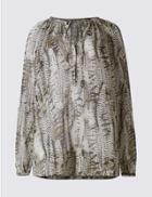 Marks & Spencer Feather Print Long Sleeve Blouse Grey Mix
