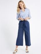 Marks & Spencer Linen Blend Checked Cropped Trousers Navy