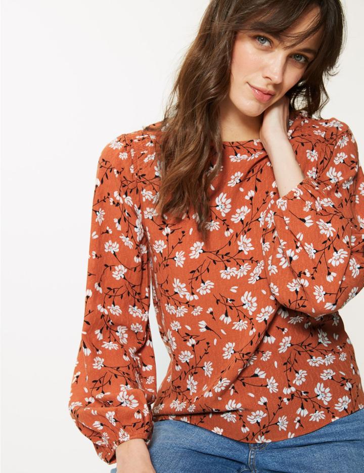 Marks & Spencer Floral Print Round Neck Long Sleeve Blouse Orange Mix
