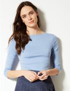 Marks & Spencer Cotton Rich Slash Neck Fitted T-shirt Pale Blue